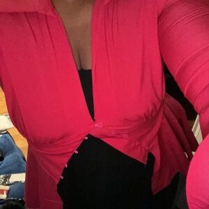 Vintage corset style pink peplum button down top with bell sleeves  Sz M